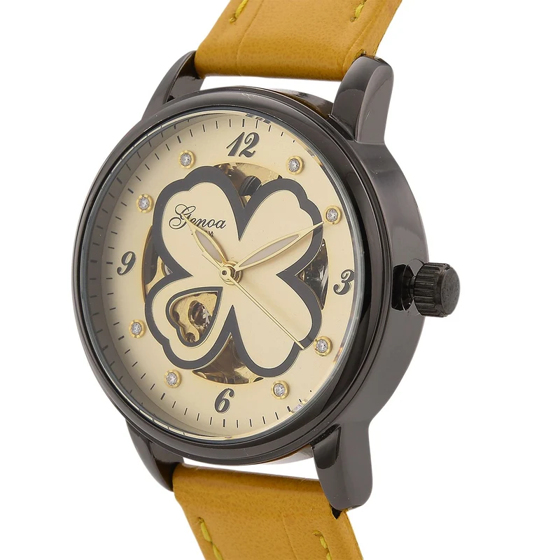 GENOA TIME V2 Automatikuhr mit Automatikwerk, Zifferblatt mit Blumenmuster und Moissaniten, blaues Lederarmband, 36 mm