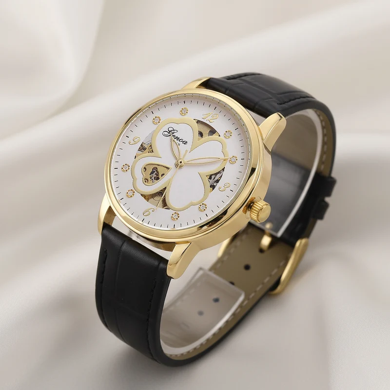 GENOA TIME V2 Automatikuhr mit Automatikwerk, Zifferblatt mit Blumenmuster und Moissaniten, blaues Lederarmband, 36 mm