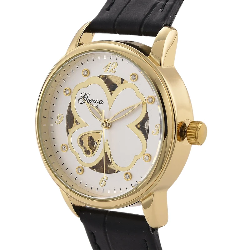 GENOA TIME V2 Automatikuhr mit Automatikwerk, Zifferblatt mit Blumenmuster und Moissaniten, blaues Lederarmband, 36 mm