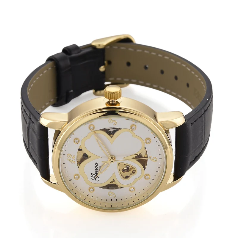 GENOA TIME V2 Automatikuhr mit Automatikwerk, Zifferblatt mit Blumenmuster und Moissaniten, blaues Lederarmband, 36 mm