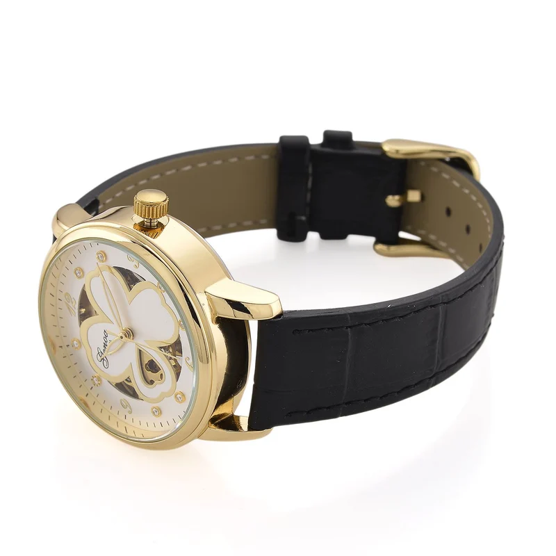 GENOA TIME V2 Automatikuhr mit Automatikwerk, Zifferblatt mit Blumenmuster und Moissaniten, blaues Lederarmband, 36 mm