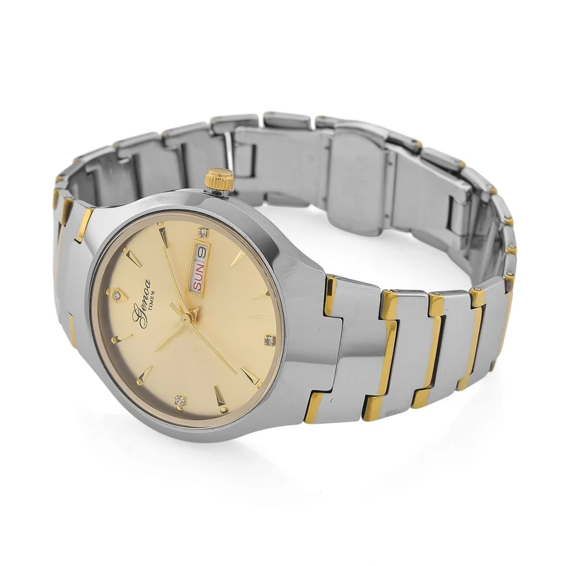 GENOA TIME V2 Uhr mit Japanischem VJ33 Quarzwerk, 36 mm, Zifferblatt mit Kristallen und Datumsanzeige, Armband aus Wolframstahl, 3 ATM wasserdicht, vergoldet