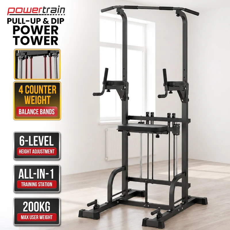 Powertrain Pull-Up and Dip Power Tower Multifunction Strength Training Station