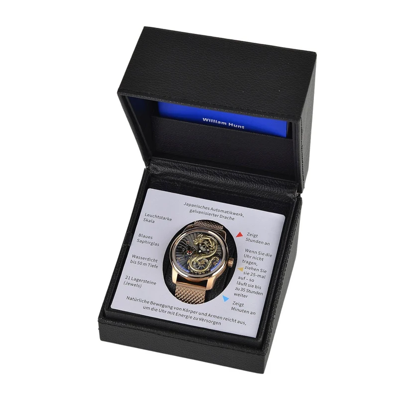 WILLIAM HUNT LIMITIERTE EDITION - Drachen Uhr Seiko Automatik Uhrwerk, 21 Jeweils, Saphir Mineralglas, 5 ATM Wasserdicht, 316L Edelstahl