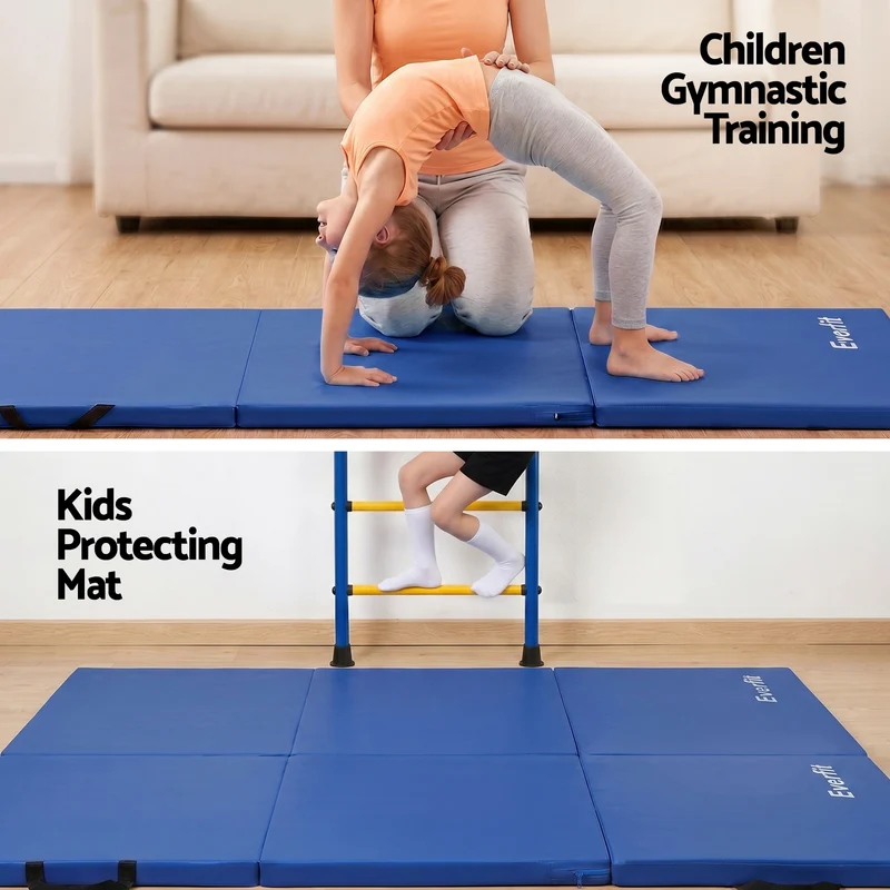 Everfit Gymnastics Mats Folding Exercise Floor Mat Portable 3 Fold Tumbling Mat Blue