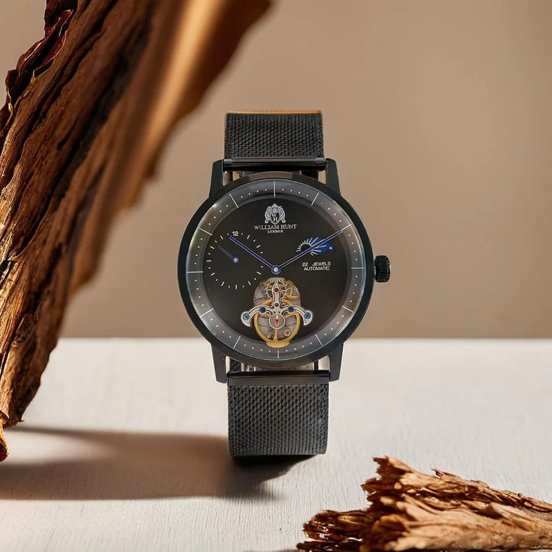 William Hunt Automatik-Uhr - IP-schwarzbeschichtetes Edelstahlgehäuse, schwarzes Multifunktionszifferblatt mit gewölbtem Glas, Edelstahl-Mesh-Armband, Glasboden, 5 ATM wasserdicht, Reiner Edelstahl