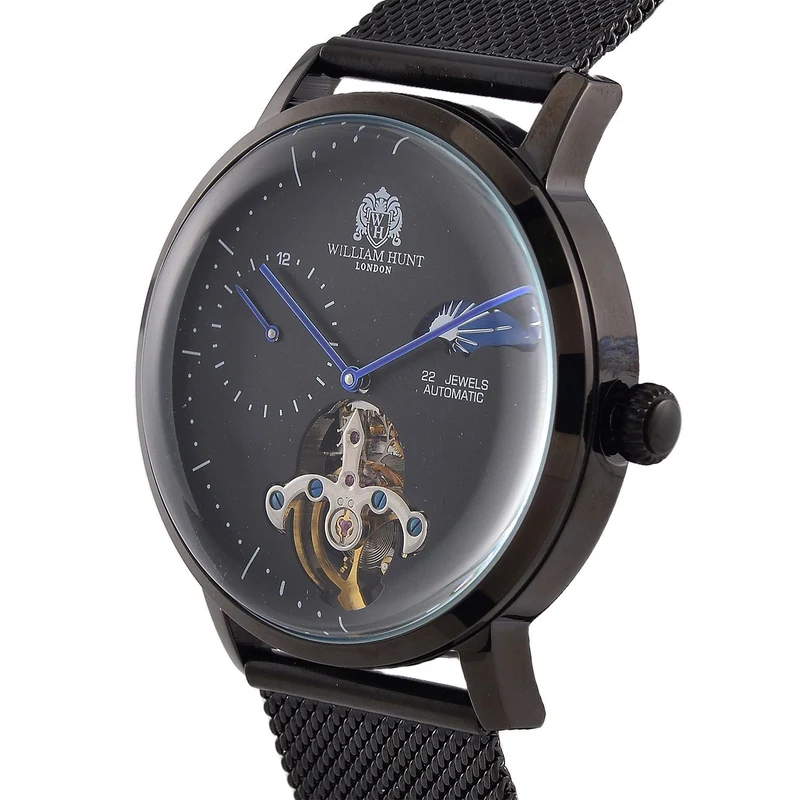 William Hunt Automatik-Uhr - IP-schwarzbeschichtetes Edelstahlgehäuse, schwarzes Multifunktionszifferblatt mit gewölbtem Glas, Edelstahl-Mesh-Armband, Glasboden, 5 ATM wasserdicht, Reiner Edelstahl