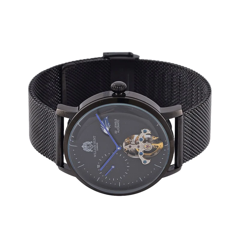 William Hunt Automatik-Uhr - IP-schwarzbeschichtetes Edelstahlgehäuse, schwarzes Multifunktionszifferblatt mit gewölbtem Glas, Edelstahl-Mesh-Armband, Glasboden, 5 ATM wasserdicht, Reiner Edelstahl