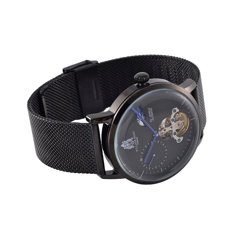 William Hunt Automatik-Uhr - IP-schwarzbeschichtetes Edelstahlgehäuse, schwarzes Multifunktionszifferblatt mit gewölbtem Glas, Edelstahl-Mesh-Armband, Glasboden, 5 ATM wasserdicht, Reiner Edelstahl
