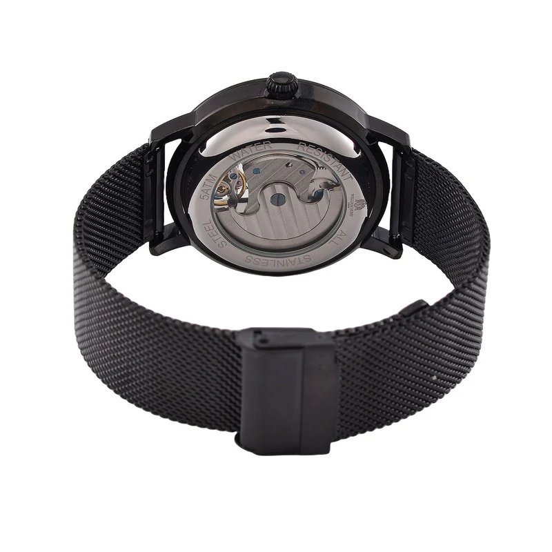 William Hunt Automatik-Uhr - IP-schwarzbeschichtetes Edelstahlgehäuse, schwarzes Multifunktionszifferblatt mit gewölbtem Glas, Edelstahl-Mesh-Armband, Glasboden, 5 ATM wasserdicht, Reiner Edelstahl