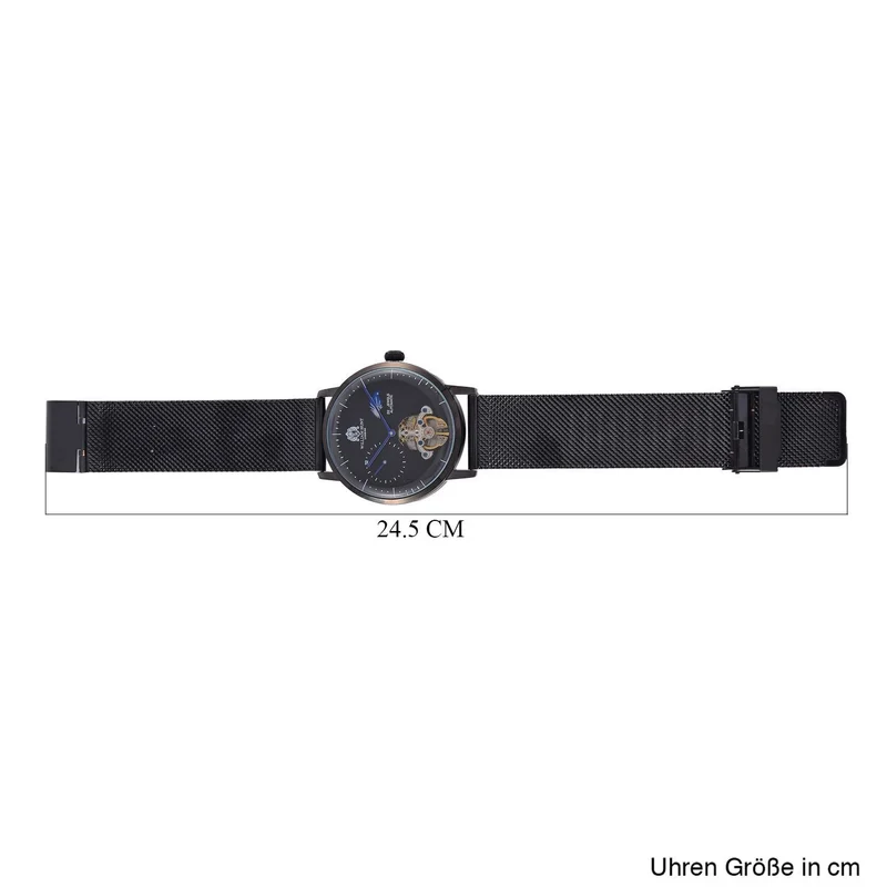 William Hunt Automatik-Uhr - IP-schwarzbeschichtetes Edelstahlgehäuse, schwarzes Multifunktionszifferblatt mit gewölbtem Glas, Edelstahl-Mesh-Armband, Glasboden, 5 ATM wasserdicht, Reiner Edelstahl