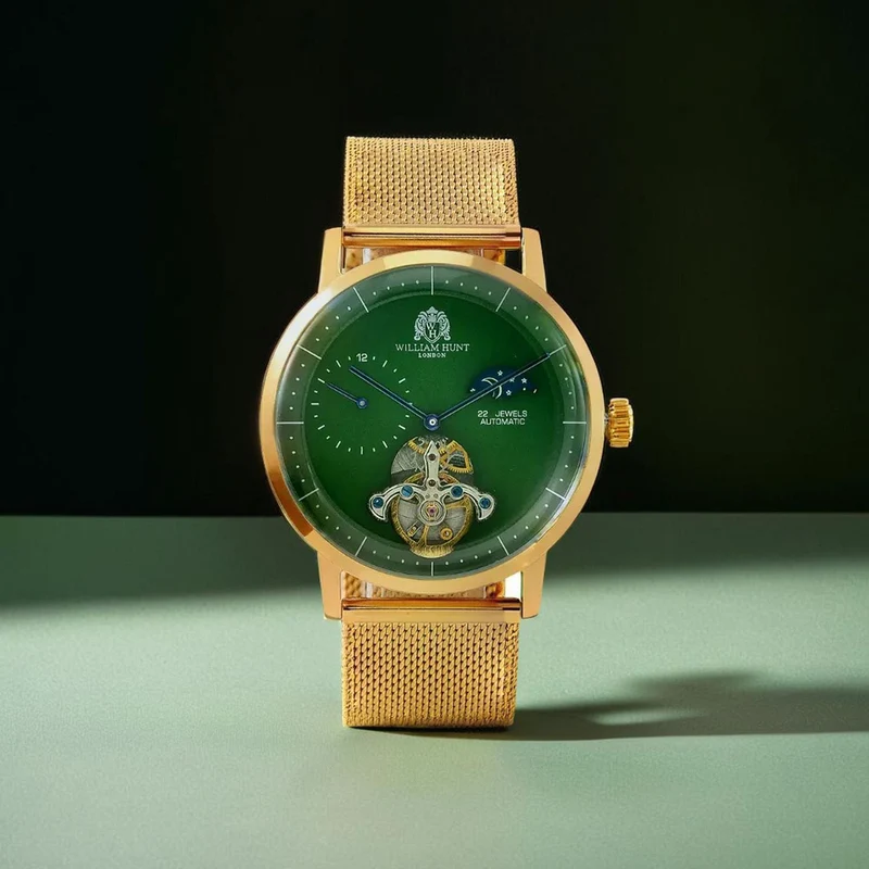 William Hunt Automatik-Uhr - IP-schwarzbeschichtetes Edelstahlgehäuse, schwarzes Multifunktionszifferblatt mit gewölbtem Glas, Edelstahl-Mesh-Armband, Glasboden, 5 ATM wasserdicht, Reiner Edelstahl