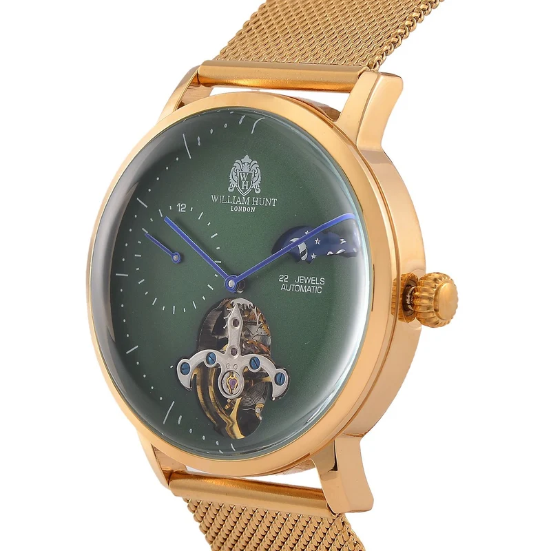 William Hunt Automatik-Uhr - IP-schwarzbeschichtetes Edelstahlgehäuse, schwarzes Multifunktionszifferblatt mit gewölbtem Glas, Edelstahl-Mesh-Armband, Glasboden, 5 ATM wasserdicht, Reiner Edelstahl