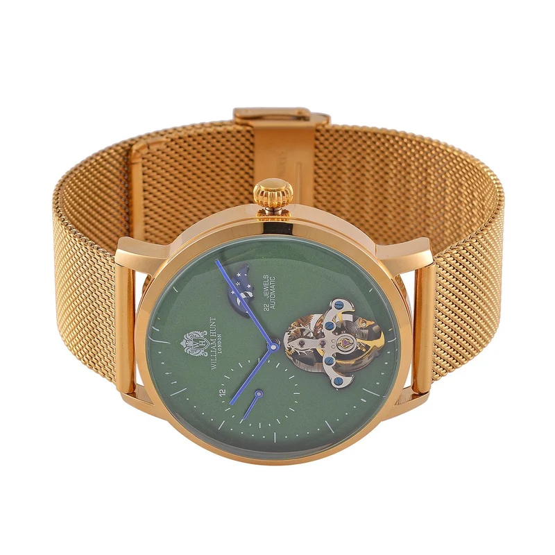 William Hunt Automatik-Uhr - IP-schwarzbeschichtetes Edelstahlgehäuse, schwarzes Multifunktionszifferblatt mit gewölbtem Glas, Edelstahl-Mesh-Armband, Glasboden, 5 ATM wasserdicht, Reiner Edelstahl