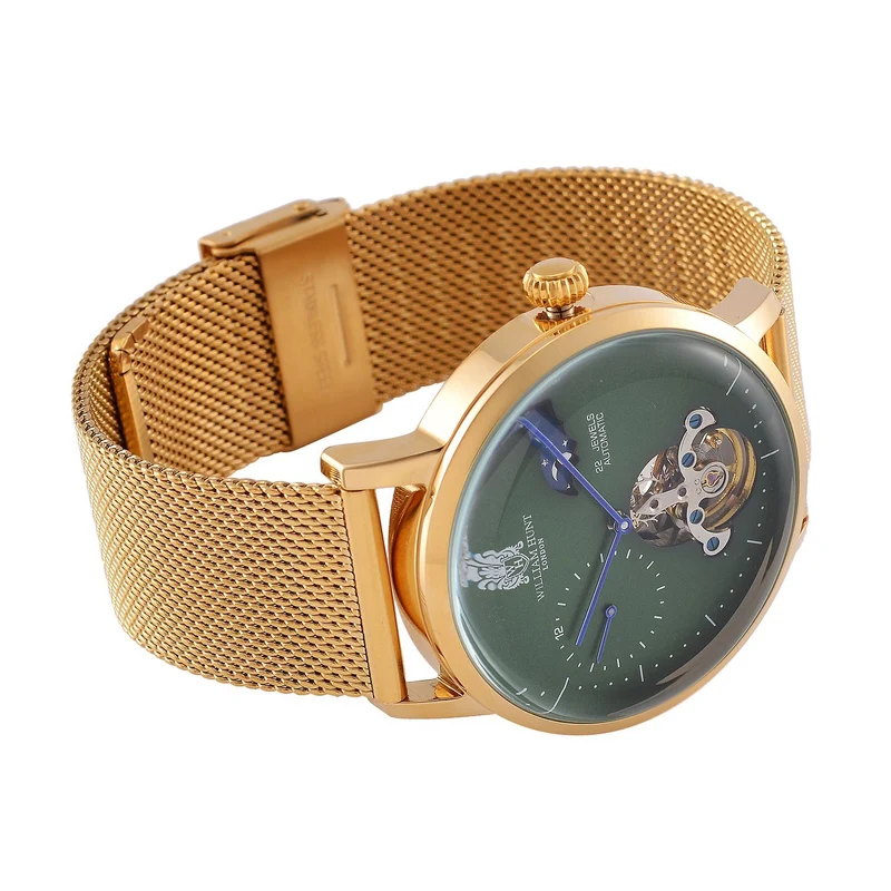 William Hunt Automatik-Uhr - IP-schwarzbeschichtetes Edelstahlgehäuse, schwarzes Multifunktionszifferblatt mit gewölbtem Glas, Edelstahl-Mesh-Armband, Glasboden, 5 ATM wasserdicht, Reiner Edelstahl