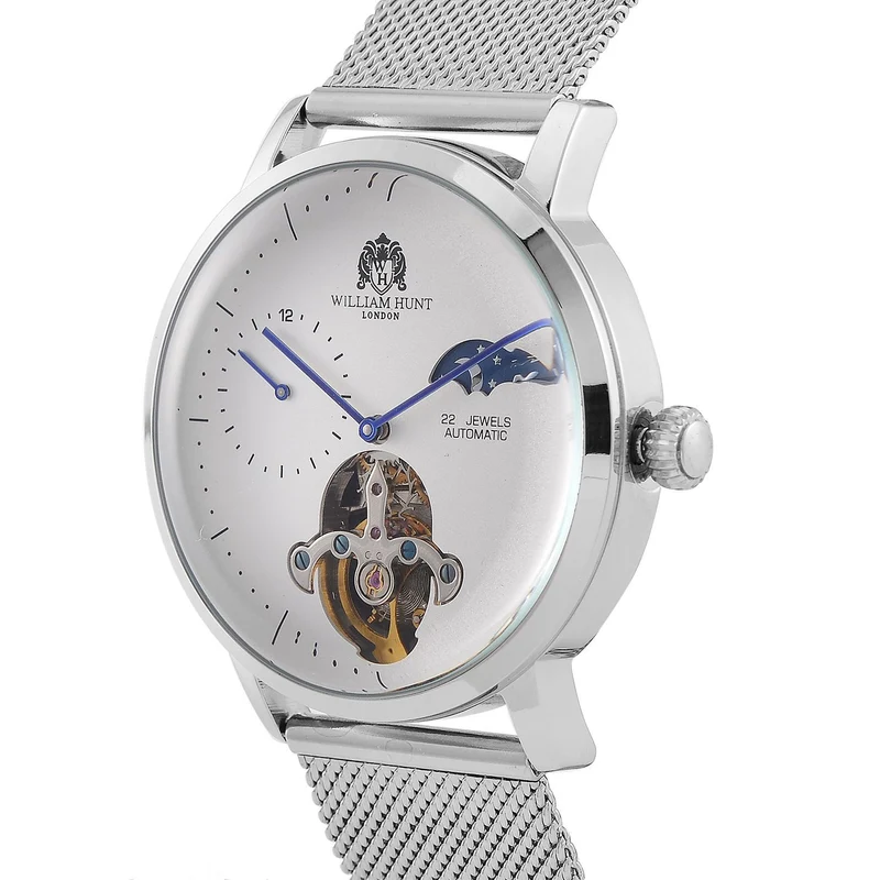 William Hunt Automatik-Uhr - IP-schwarzbeschichtetes Edelstahlgehäuse, schwarzes Multifunktionszifferblatt mit gewölbtem Glas, Edelstahl-Mesh-Armband, Glasboden, 5 ATM wasserdicht, Reiner Edelstahl