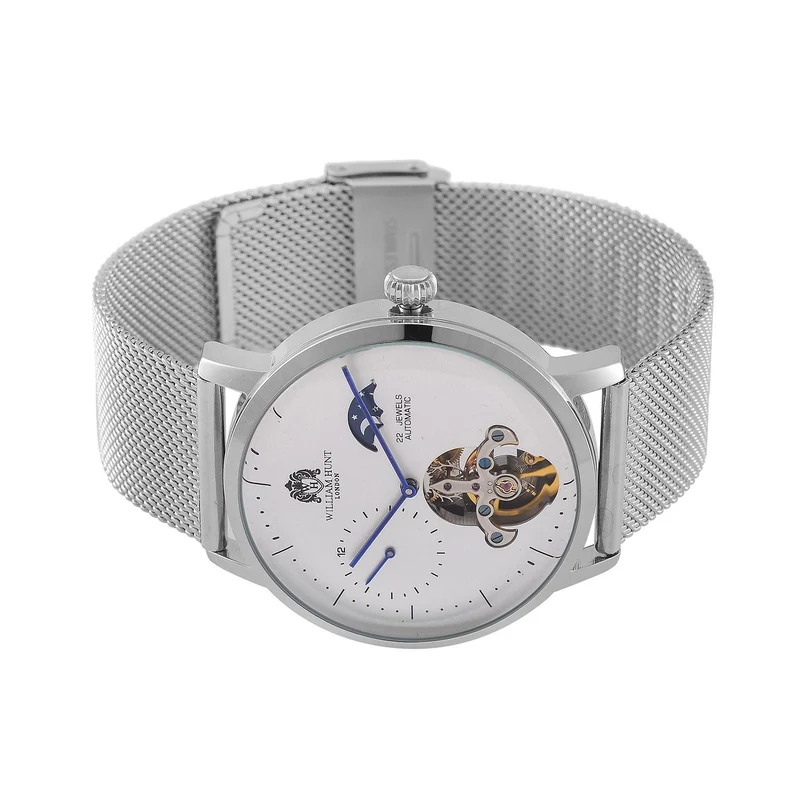 William Hunt Automatik-Uhr - IP-schwarzbeschichtetes Edelstahlgehäuse, schwarzes Multifunktionszifferblatt mit gewölbtem Glas, Edelstahl-Mesh-Armband, Glasboden, 5 ATM wasserdicht, Reiner Edelstahl