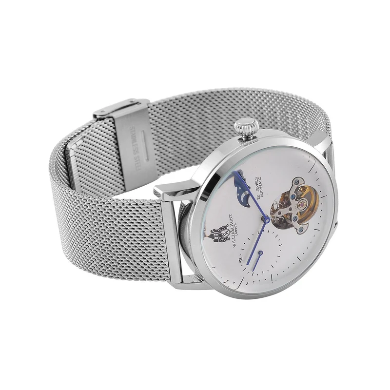 William Hunt Automatik-Uhr - IP-schwarzbeschichtetes Edelstahlgehäuse, schwarzes Multifunktionszifferblatt mit gewölbtem Glas, Edelstahl-Mesh-Armband, Glasboden, 5 ATM wasserdicht, Reiner Edelstahl