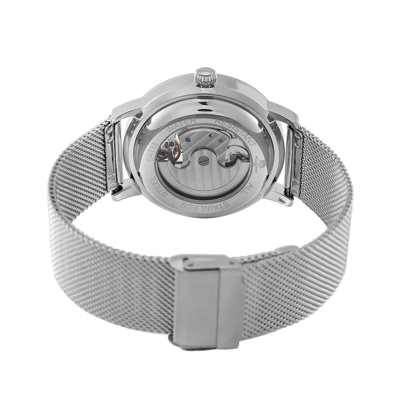 William Hunt Automatik-Uhr - IP-schwarzbeschichtetes Edelstahlgehäuse, schwarzes Multifunktionszifferblatt mit gewölbtem Glas, Edelstahl-Mesh-Armband, Glasboden, 5 ATM wasserdicht, Reiner Edelstahl