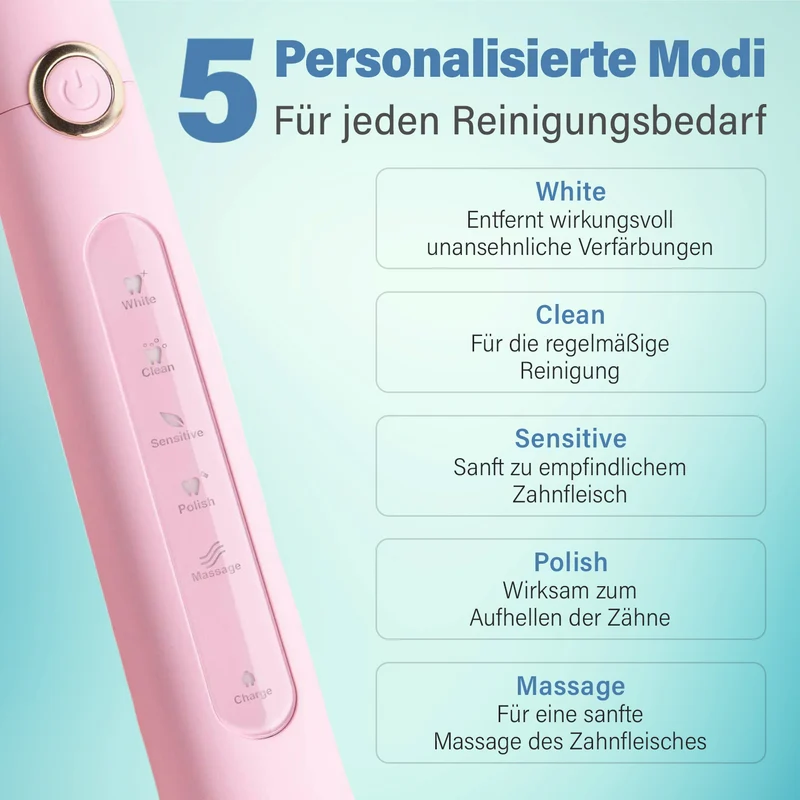 FAIRYWILL Schallzahnbürste mit 4 Bürstenköpfen, Weiß