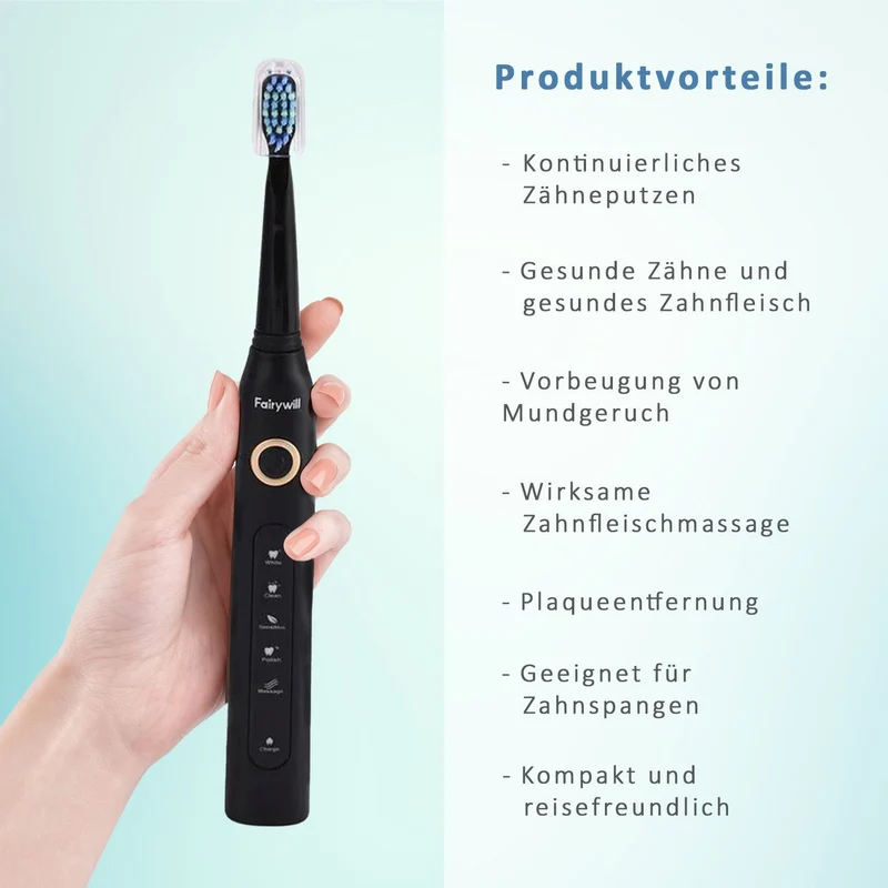FAIRYWILL Schallzahnbürste mit 4 Bürstenköpfen, Weiß