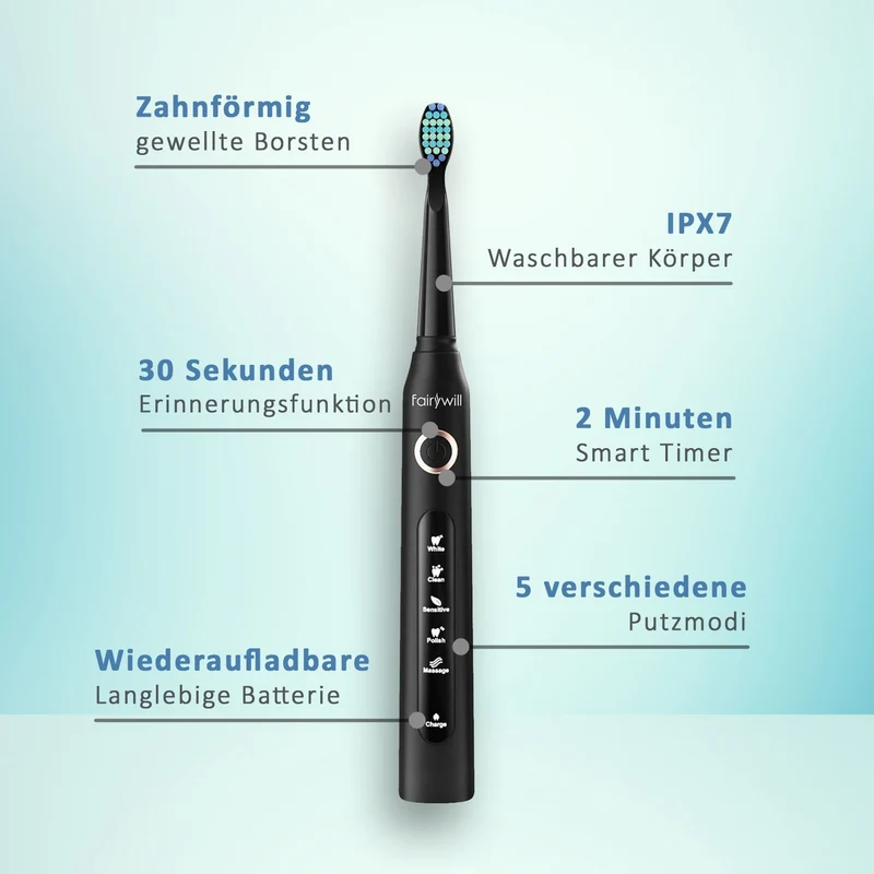 FAIRYWILL Schallzahnbürste mit 4 Bürstenköpfen, Weiß