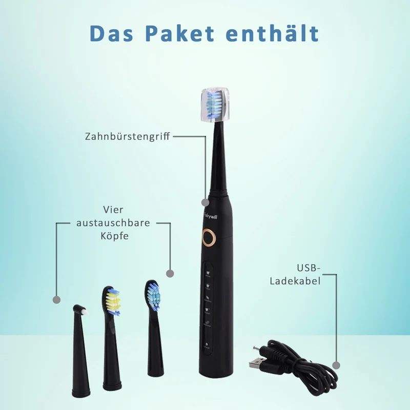 FAIRYWILL Schallzahnbürste mit 4 Bürstenköpfen, Weiß