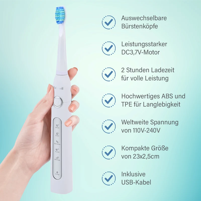 FAIRYWILL Schallzahnbürste mit 4 Bürstenköpfen, Weiß