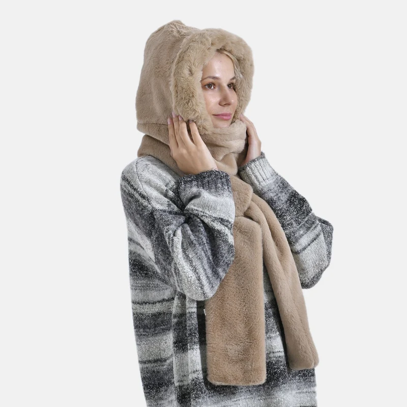 Superweicher 2-in-1-Langschal und Mütze aus hochwertigem Kunstfell, weiß