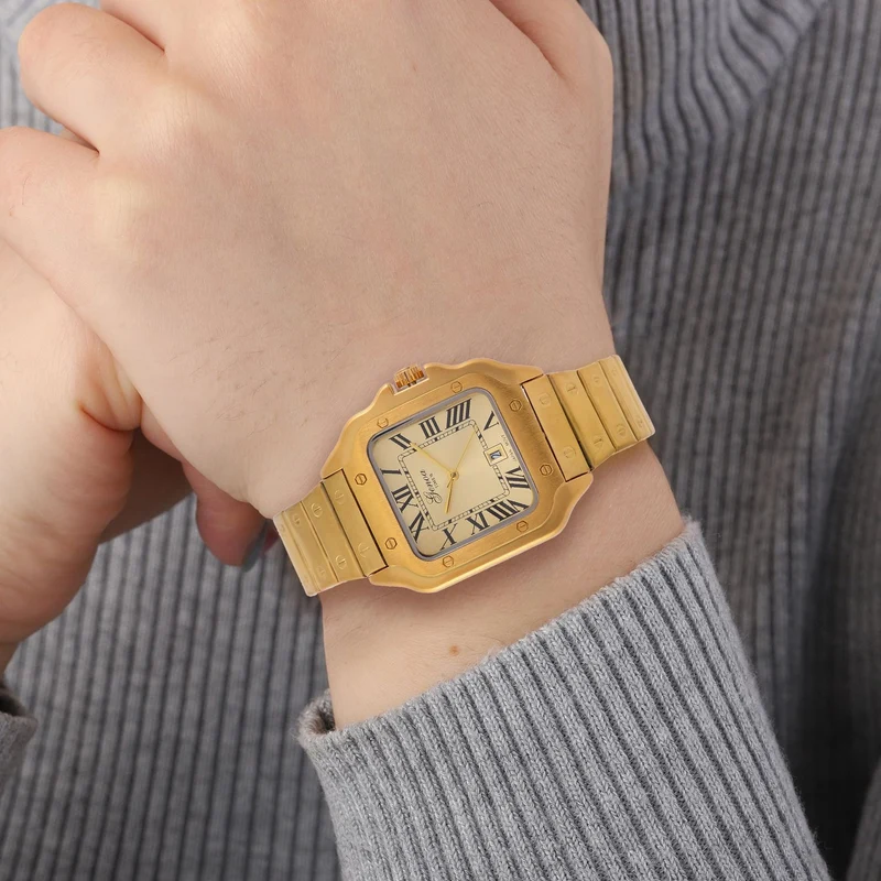 GENOA - Elegante Japan-Uhr mit Datumsfunktion, IPS-versilbertem Gehäuse, römischen Ziffern, Edelstahlarmband, 3 ATM Wasserdichtigkeit, 20 cm, vergoldet