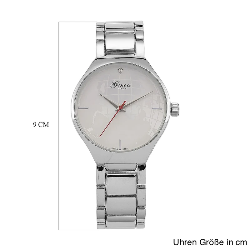 GENOA - Weißer Diamant Uhr mit Japanisches Uhrwerk, 3 ATM Wasserdicht, 316L Edelstahl, Silber