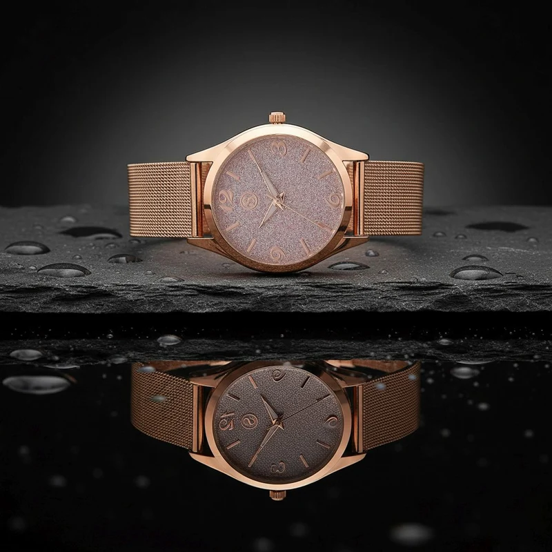 STRADA Stardust Dial Uhr mit japanischem Uhrwerk und roségoldfarbenem 316L Edelstahl -Mesh-Armband