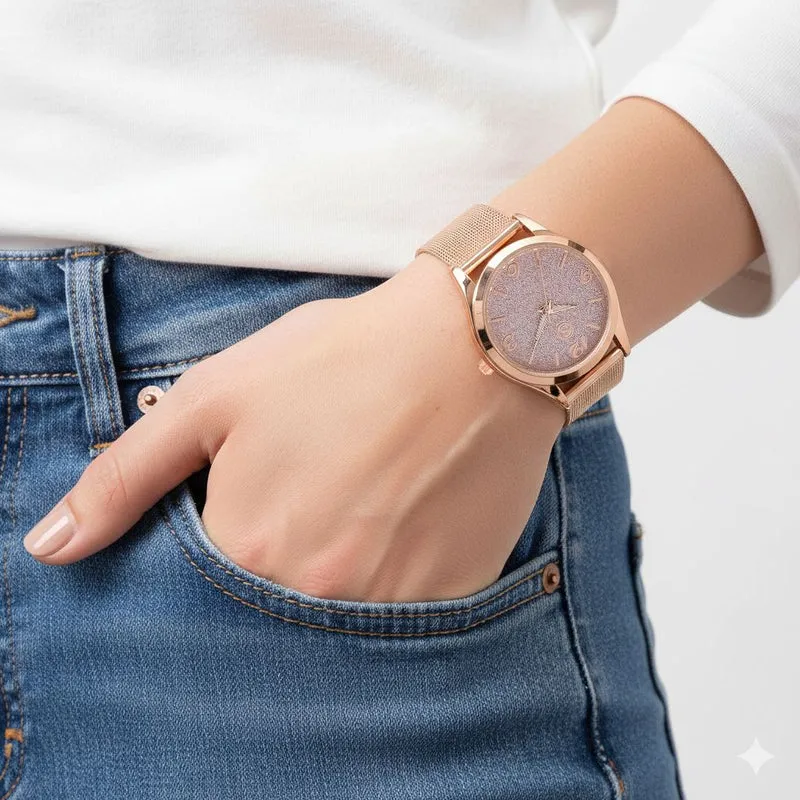 STRADA Stardust Dial Uhr mit japanischem Uhrwerk und roségoldfarbenem 316L Edelstahl -Mesh-Armband