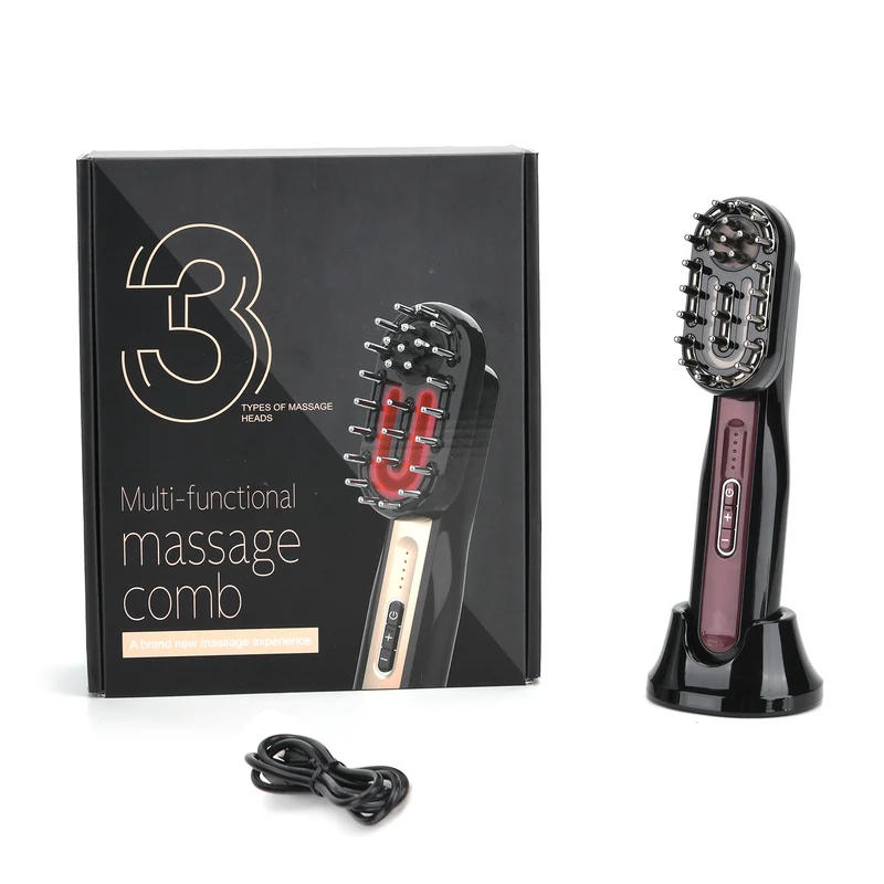 Elektrischer 3-Kopf-Massagekamm mit EMS-Funktion, Weinrot