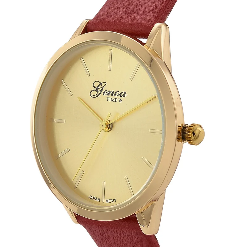 GENOA TIME V2 - Quarzuhr mit japanischem PC21S Werk, weißem Zifferblatt und grünem Lederarmband, goldfarbenem Gehäuse, 3 ATM wasserdicht