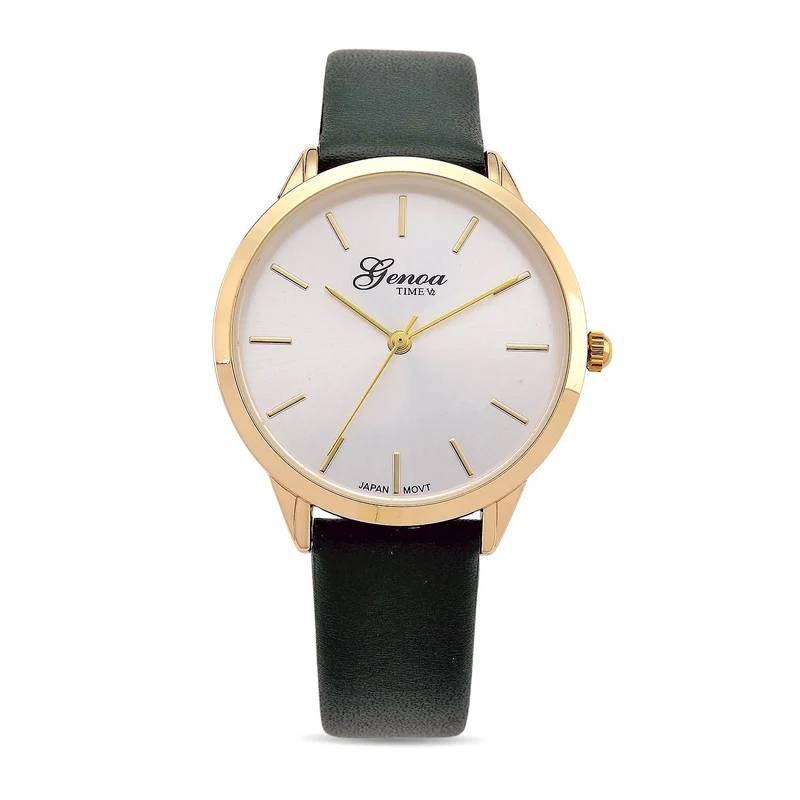 GENOA TIME V2 - Quarzuhr mit japanischem PC21S Werk, weißem Zifferblatt und grünem Lederarmband, goldfarbenem Gehäuse, 3 ATM wasserdicht
