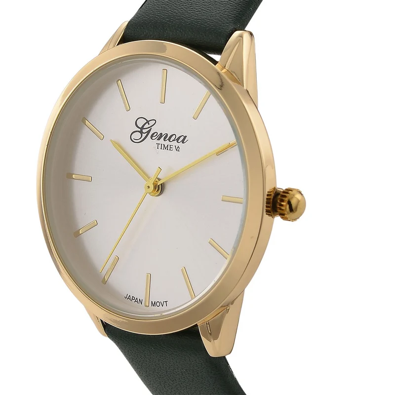 GENOA TIME V2 - Quarzuhr mit japanischem PC21S Werk, weißem Zifferblatt und grünem Lederarmband, goldfarbenem Gehäuse, 3 ATM wasserdicht