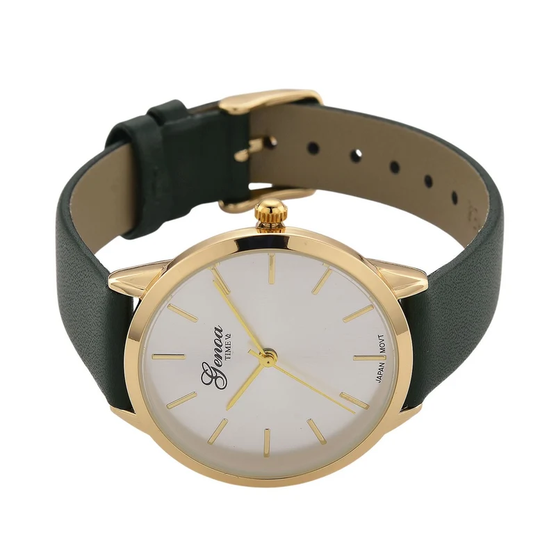 GENOA TIME V2 - Quarzuhr mit japanischem PC21S Werk, weißem Zifferblatt und grünem Lederarmband, goldfarbenem Gehäuse, 3 ATM wasserdicht