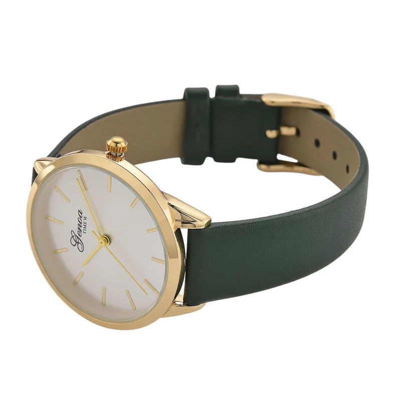GENOA TIME V2 - Quarzuhr mit japanischem PC21S Werk, weißem Zifferblatt und grünem Lederarmband, goldfarbenem Gehäuse, 3 ATM wasserdicht