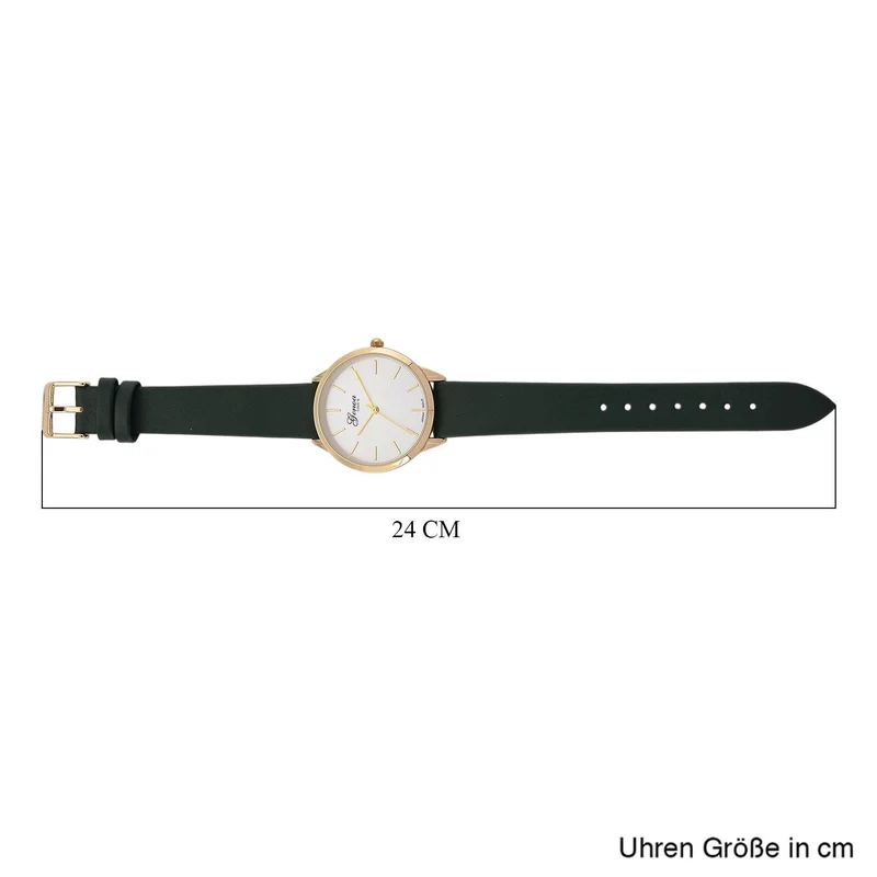 GENOA TIME V2 - Quarzuhr mit japanischem PC21S Werk, weißem Zifferblatt und grünem Lederarmband, goldfarbenem Gehäuse, 3 ATM wasserdicht
