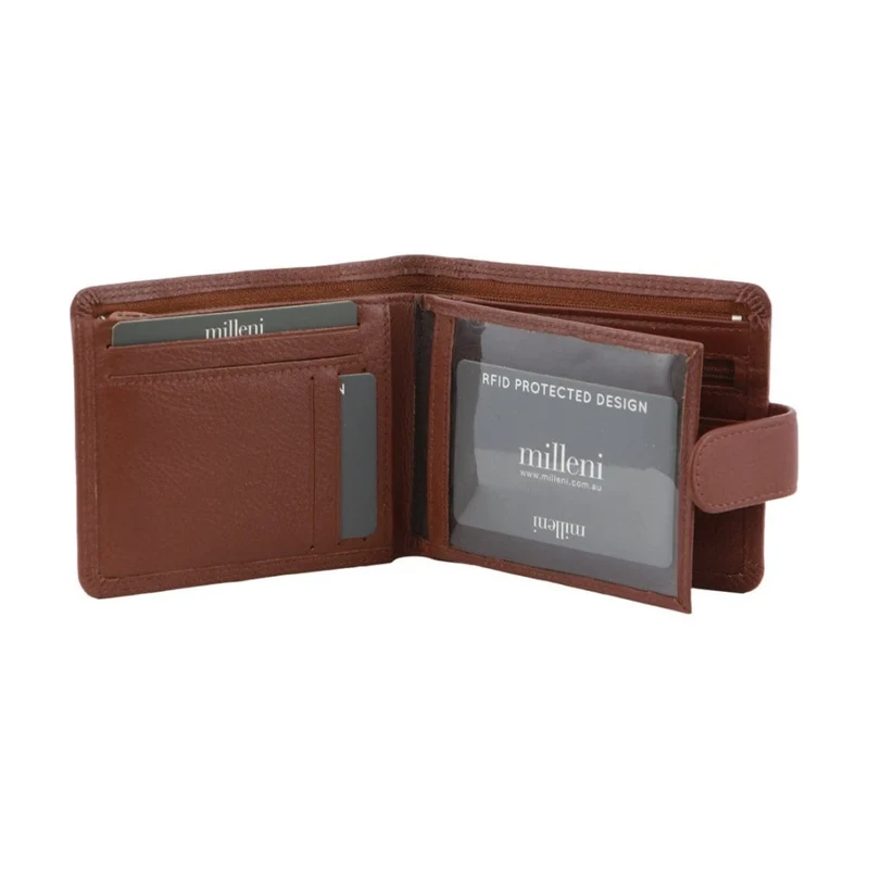 Milleni Men's Leather Tab Cash/Card RFID Protected Wallet 12cm Tan