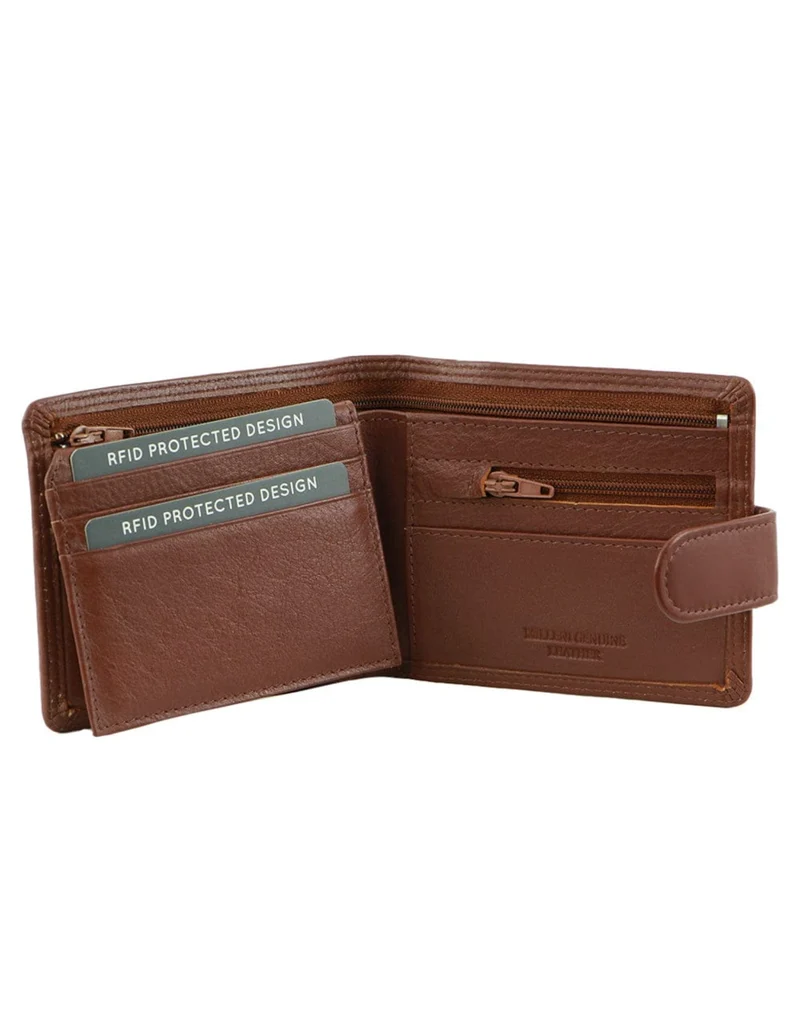 Milleni Men's Leather Tab Cash/Card RFID Protected Wallet 11x9.5cm Tan