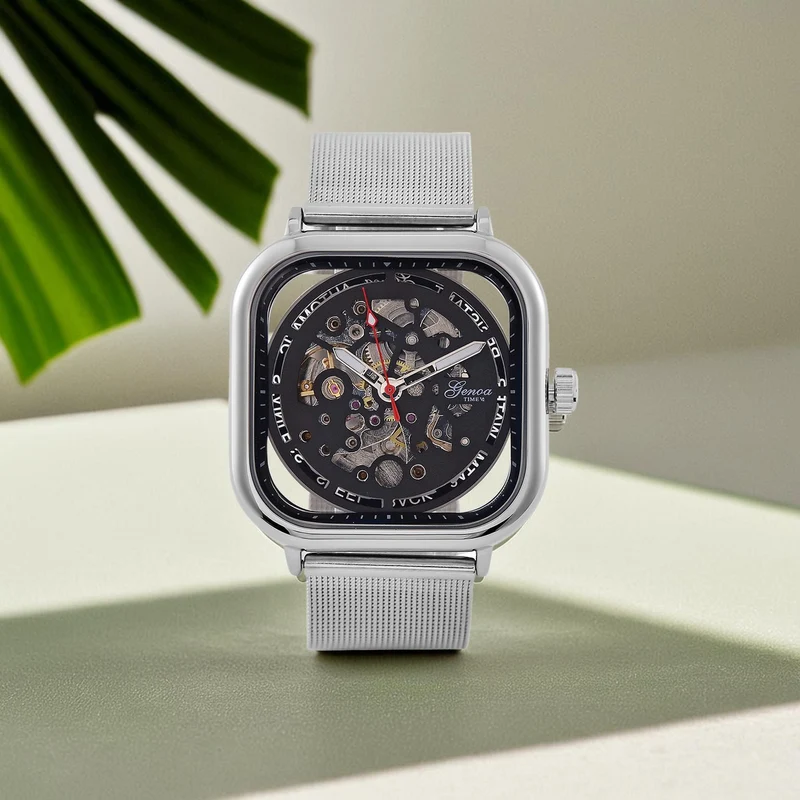 GENOA TIME V2 42mm Automatische Mechanikuhr - Schwarzes hohles Zifferblatt, Gehäuse aus Legierung mit IPS-Beschichtung, Edelstahl-Mesh-Armband, 3 ATM wasserdicht, Reiner Edelstahl 8.5 cm