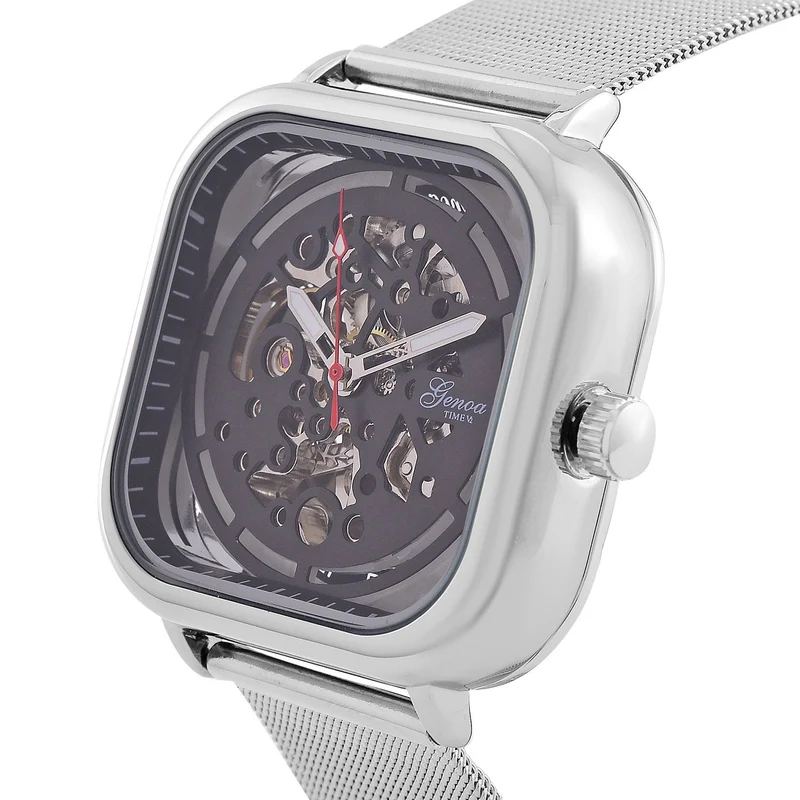 GENOA TIME V2 42mm Automatische Mechanikuhr - Schwarzes hohles Zifferblatt, Gehäuse aus Legierung mit IPS-Beschichtung, Edelstahl-Mesh-Armband, 3 ATM wasserdicht, Reiner Edelstahl 8.5 cm