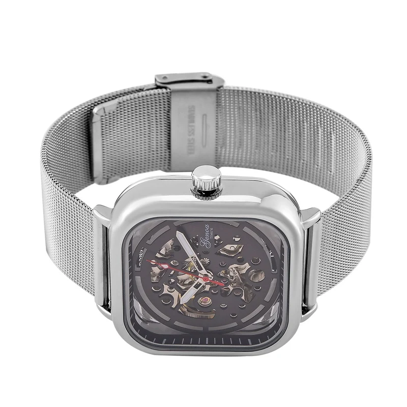 GENOA TIME V2 42mm Automatische Mechanikuhr - Schwarzes hohles Zifferblatt, Gehäuse aus Legierung mit IPS-Beschichtung, Edelstahl-Mesh-Armband, 3 ATM wasserdicht, Reiner Edelstahl 8.5 cm
