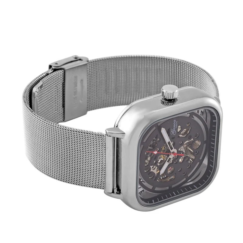 GENOA TIME V2 42mm Automatische Mechanikuhr - Schwarzes hohles Zifferblatt, Gehäuse aus Legierung mit IPS-Beschichtung, Edelstahl-Mesh-Armband, 3 ATM wasserdicht, Reiner Edelstahl 8.5 cm