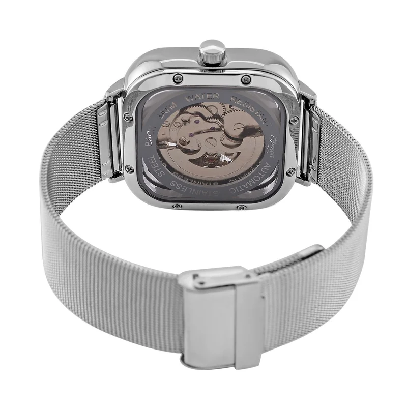 GENOA TIME V2 42mm Automatische Mechanikuhr - Schwarzes hohles Zifferblatt, Gehäuse aus Legierung mit IPS-Beschichtung, Edelstahl-Mesh-Armband, 3 ATM wasserdicht, Reiner Edelstahl 8.5 cm
