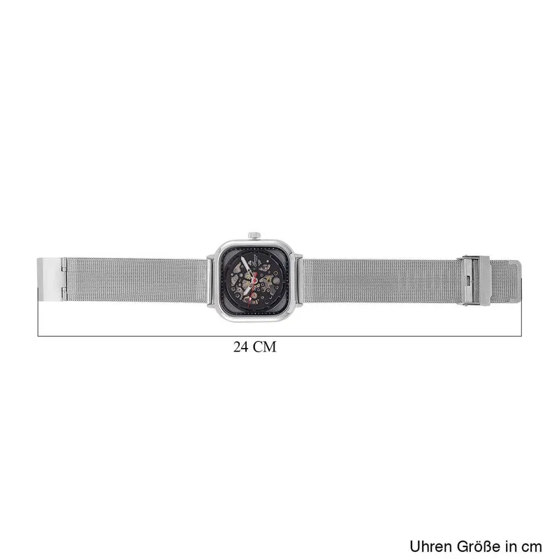 GENOA TIME V2 42mm Automatische Mechanikuhr - Schwarzes hohles Zifferblatt, Gehäuse aus Legierung mit IPS-Beschichtung, Edelstahl-Mesh-Armband, 3 ATM wasserdicht, Reiner Edelstahl 8.5 cm