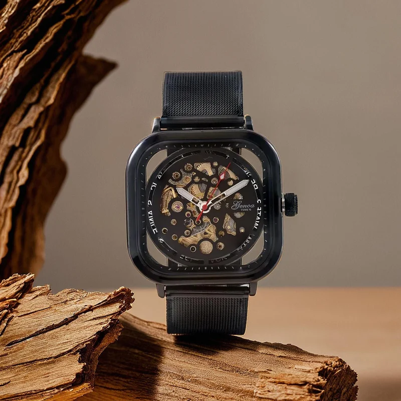 GENOA TIME V2 42mm Automatische Mechanikuhr - Schwarzes hohles Zifferblatt, Gehäuse aus Legierung mit IPS-Beschichtung, Edelstahl-Mesh-Armband, 3 ATM wasserdicht, Reiner Edelstahl 8.5 cm