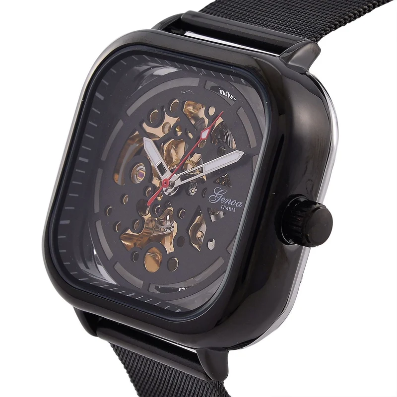 GENOA TIME V2 42mm Automatische Mechanikuhr - Schwarzes hohles Zifferblatt, Gehäuse aus Legierung mit IPS-Beschichtung, Edelstahl-Mesh-Armband, 3 ATM wasserdicht, Reiner Edelstahl 8.5 cm